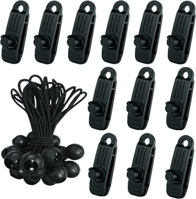 Produktbild von 24 Stück Zeltclips mit 12 x Zeltklemmen und 12 x elastischen Schnurspannern, Zeltklemmen für Zelte, Campingzubehör für Zelte, Schwimmbecken, Schwimmbecken, Schwimmbecken, Zeltpavillons