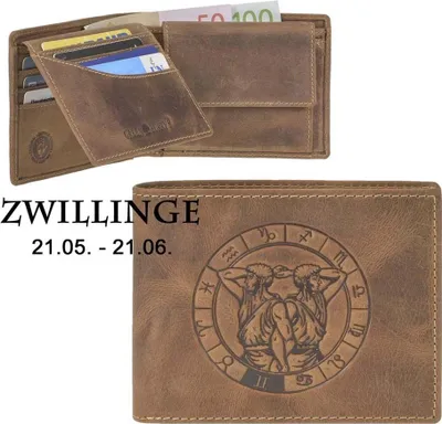 Produktbild von Greenburry Geldbörse Herren Leder braun antik Vintage mit Sternzeichen Motiv ZWILLINGE Prägung Portemonnaie 12,5 x 9,5cm