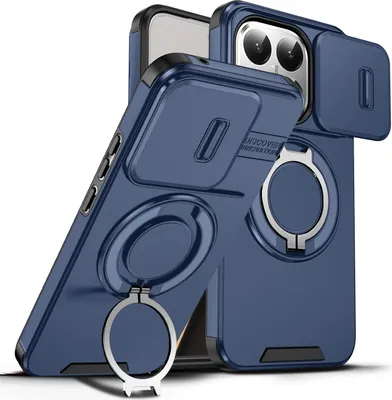 Immagine prodotto di Custodia a doppio strato per Xiaomi 15T, con copertura scorrevole della fotocamera e supporto ad anello magnetico Blu