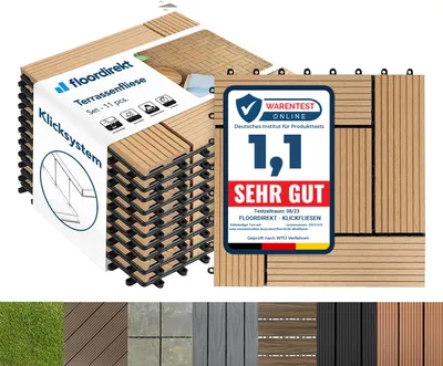 Produktbild von WPC Fliesen Terrassenfliesen Klickfliesen Balkonfliesen wetterfest Classic Teak 30 x 30 cm 11 Stück (1m²)