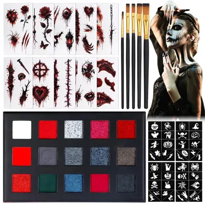 Obrázek produktu pro Sada líčidel na Halloween, 15 barev, obličejové barvy s šablonami a tetováními, vhodná pro karneval, maškary a dospělé