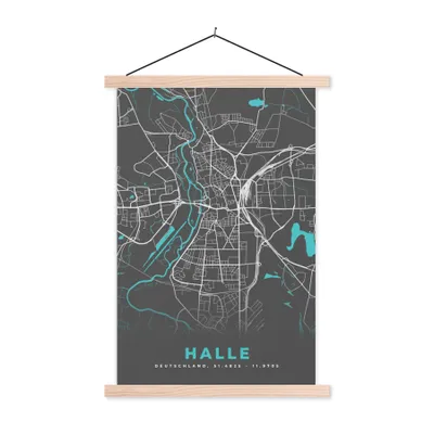 Produktbild von MuchoWow® Textilposter Stadtplan - Deutschland - Blau - Halle - Karte 40x60 cm mit holzfarbenen Rahmen - Poster