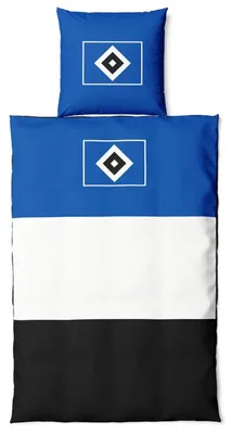 Produktbild von HSV Bettwäsche Blockstreifen, Offizieller Hamburger SV Fanartikel, Blau-Weiß-Schwarzes Set mit HSV-Raute, 100% Baumwolle
