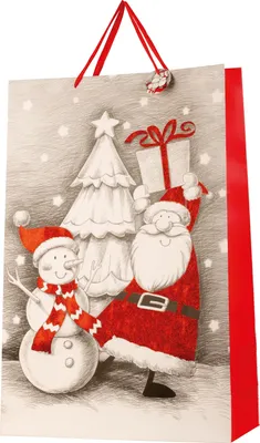A Christmas gift bag with Santa Claus and a snowman illustration.