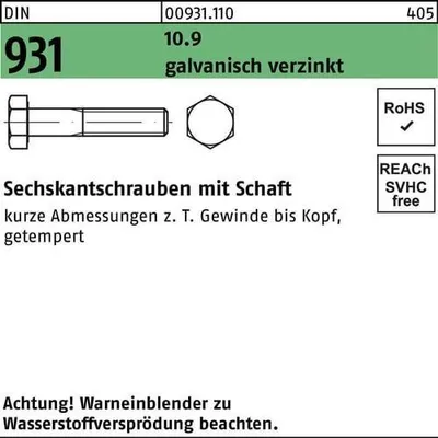 Produktbild von Reyher Sechskantschrauben DIN 931 10.9 M10x110 gal Zn A2A getempert (50)
