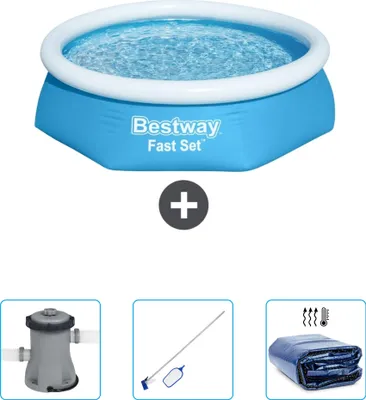 Produktbild von Bestway runder aufblasbarer Fast-Set-Pool – 244 x 61 cm – Blau – im Lieferumfang enthalten Pumpe - Reinigungskit - Sonnensegel