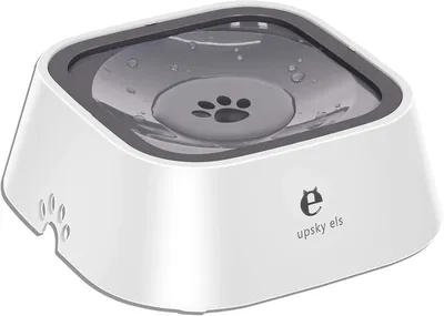 A white pet bowl with a gray rim and a clear water reservoir, featuring a paw print design in the center.