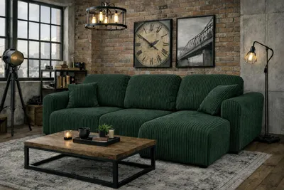Zdjęcie produktu dla Narożnik z funkcją spania i pojemnikiem, sofa w kształcie L Bingo L, tkanina sztruksowa Poso, Zielony, Prawy