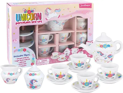 Zdjęcie produktu dla Jewelkeeper - Porcelanowy zestaw do herbaty z jednorożcem dla małych dziewczynek, 13 elementów