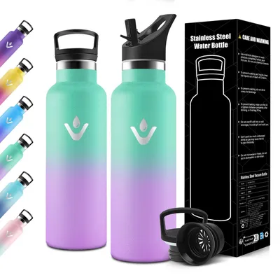 Productafbeelding van Motswedi drinkfles 750ml, met rietje, roestvrijstalen drinkfles, met 2 deksels, thermosfles, lekvrij, geïsoleerde fles, geschikt voor reizen, bruisende dranken