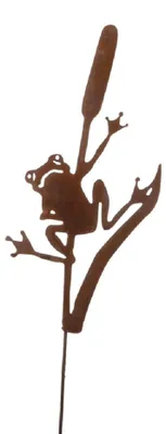Produktbild von Metall Stecker. FROSCH auf Rohrkolben. Rost Gartenstecker. 63 cm.