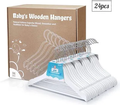 Immagine prodotto di Set di appendiabiti in legno per bambini, 24 pezzi, 30 cm, set completo di ganci girevoli in legno per camicie e vestiti da neonato e da bambino.