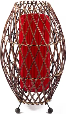 Produktbild von Bali asiatische Lampe Deko-Leuchte aus Rattan & Stoff, Stimmungsleuchte Stehleuchte aus traditioneller Handarbeit Simandra 41x25 cm, rot