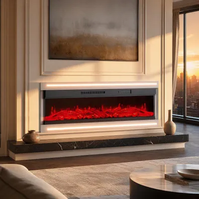 Produktbild von INONEFT Elektrokamin 60" mit realistischem 3D LED-Feuer - Wand-Elektrokamin mit Heizung und Kaminfeuer, App Steuerung, Knistereffekt & Timer, Weiss