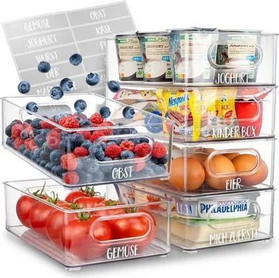 Produktbild von Unyqoos® Kühlschrank-Organizer Set (6 Stk.) – transparente, stapelbare Aufbewahrungsboxen mit 16 Etiketten, Premium Küchen-Organizer, BPA-frei