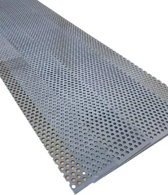 A strip of perforated aluminum sheet metal with small, evenly spaced holes.