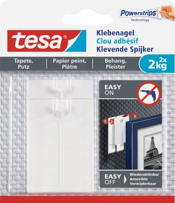 Produktbild von gwóźdź samoprzylepny tesa, 2 sztuki, do tapet i tynku, do 2 kg na gwóźdź, biały