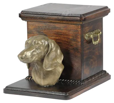 Produktbild von Dackel - Eine Urne für die Asche eines Hundes mit einer Statuette, eine elegante Urne für einen Hund, eine außergewöhnliche Urne mit dem Porträt eines Hundes von der Marke Art-Dog.
