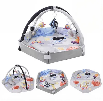 Produktbild von Hexagon Babygym Spielmatte mit Bällebad, Sensorik-Spielzeug, Kissen, Waldtiere-Motiv, Krabbelmatte Lernspielzeug Spieldecke für Babys, faltbar, Grau