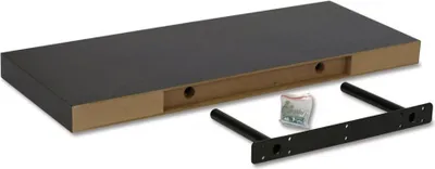 A black shelf and its mounting hardware are laid out on a white background.
