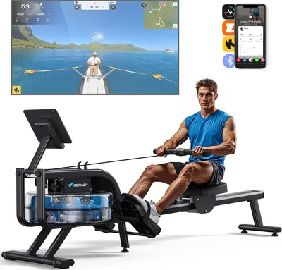 Produktbild von Wasser-Rudergerät leise – 15 L Wassertank, Stahlrahmen, LCD & Bluetooth, Kinomap-kompatibel, ergonomischer Sitz, klappbar, bis 136 kg, platzsparend