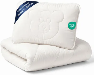 Produktbild von Babydecke und Kissen mit Bärenmotiv, 40x60 cm. Kinderbettwäsche-Set, Decke, Bettwäsche, Mikrofaser, weiß - 90 cm