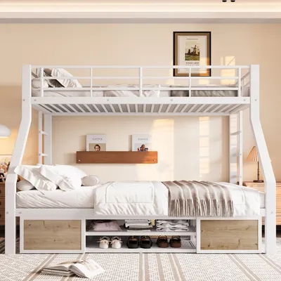 Produktbild von Etagenbett mit 2 Liegeflächen, Lattenrost, Regalschrank und Rausfallschutz 90x200cm/140x200cm, Metallbett mit Rausfallschutz, Kinderbett