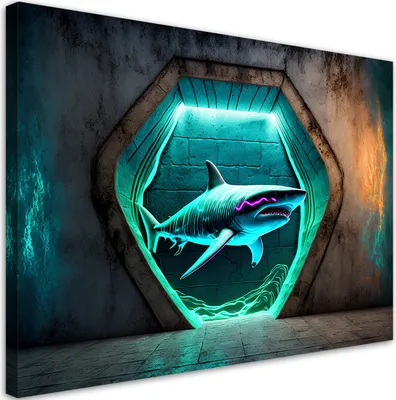 Produktbild von Leinwandbild Tiere Neon Hai 90x60 Feeby Blau bild für die wand bereit zum aufhängen