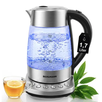Zdjęcie produktu dla Szklany czajnik BERGMANN FR005 1,7L do kuchni, czajnik elektryczny o mocy 2200W z funkcją podtrzymywania temperatury i panelem sterowania w podstawie
