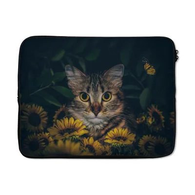 Produktbild von MuchoWow® Laptop Hülle 17 Zoll Laptoptasche Katze - Gelb - Blumen - Botanisch - Zipper - Schutzabdeckung