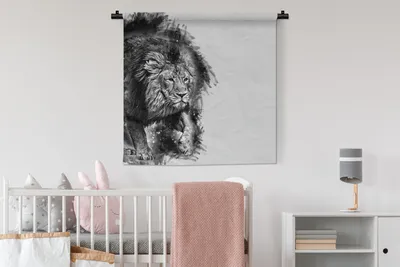 Produktbild von MuchoWow® Wandteppich Wandbehang Löwe - Schwarz - Weiß 90x90 cm Tapisserie Dekoration Wandtuch - Wandaufhänger