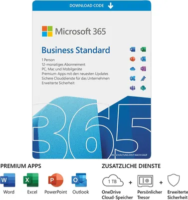 Produktbild von Microsoft Office 365 Business Standard, Office-Paket, 1 Lizenz(en), 1 Jahr(e)