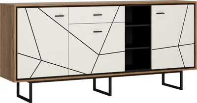 Produktbild von Sideboard mit offenen Fächern BRISTOL-129 in Catania Eiche Nb. mit schwarz und weiß Hochglanz, B/H/T: ca. 197,5/90,5/40 cm