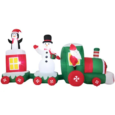 Image de COSTWAY 350cm XXL train de Noël gonflable, décoration de Noël avec Père Noël, bonhomme de neige, pingouin, lumières LED, personnages de Noël illuminés