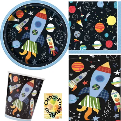 Produktbild von Weltraum-Rakete-Party-Set 33tlg. - für 8 Astronauten 8 Teller 8 Becher 16 Servietten 1 Tischdecke