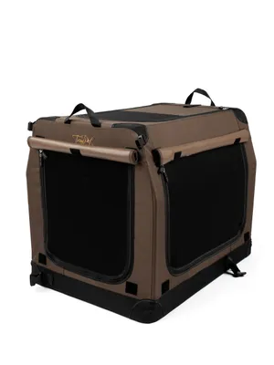 A brown and black fabric dog crate is shown against a white background.