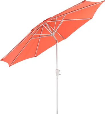 An orange patio umbrella is shown against a white background.