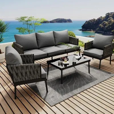 Image de Ensemble de mobilier de jardin : canapé 3 places, 2 fauteuils et table en verre