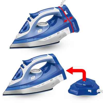 Two images of a cordless steam iron, showing it in use and with its charging base.