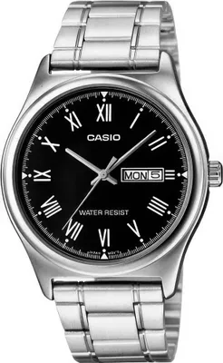 A close-up studio shot of a men's wristwatch with a black dial and silver metal band.