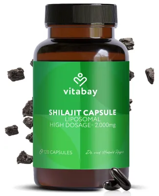 Produktbild von Vitabay Mumijo Shilajit Kapseln – 360 vegane Softgels – hochdosiert mit 2.000 mg liposomalem Shilajit pro Tagesdosis – 80 % Fulvinsäure & 12 % Huminsäure – labor in Deutschland