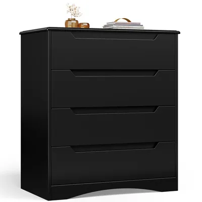 A black four-drawer dresser is shown against a white background.