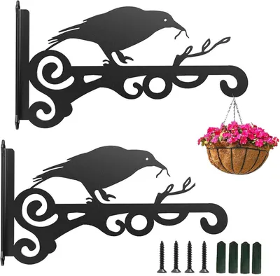 Produktbild von 2er-Set Metallhalterungen für Blumenampeln, Wandhalterungen für Blumentöpfe, Pflanzenaufhänger aus Eisen für Laternen, Pflanzgefäße, Vogelhäuschen und Windspiele (Vogel mit Wurm im Schnabel)