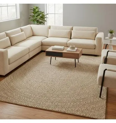 Produktbild von Flachgewebter Indoor-/Outdoor-Teppich mit modernem Kreismuster, strapazierfähig und pflegeleicht. 80 x 250 cm Creme