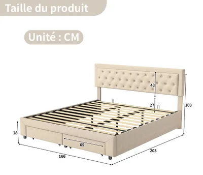Produktbild von Polsterbett Doppelbett - Bettkastenbett 160 x 200 cm - Hydraulischer Stauraum mit Bettkasten - 2 Schubladen - Lattenrost & Kopfteil - Samtstoff - Beige