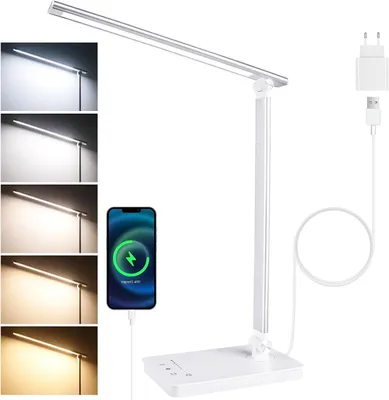 Obrázok produktu pre Stmívateľná LED stolná lampa – Ochrana zraku – Vhodná na čítanie a štúdium – S USB nabíjacím portom – 5 farieb, 5 úrovní jasu – Biela