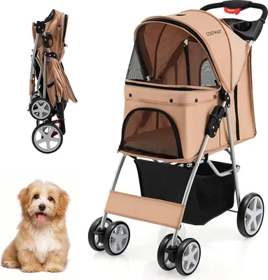 Produktbild von GOPLUS Haustierwagen, Klappbarer Katzen- & Hundebuggy mit Korb & Ablage, Verstellbarem Verdeck, Geländegängigen EVA-Rädern