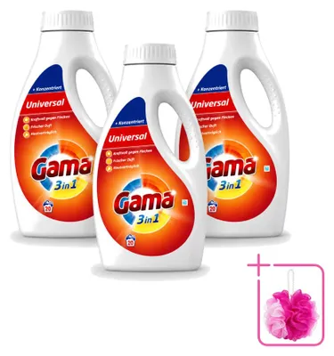 Produktbild von 3 x Gama 3-in-1 Waschmittel - Hautfreundlich - 1 l - Sparpackung - 3 Stücke