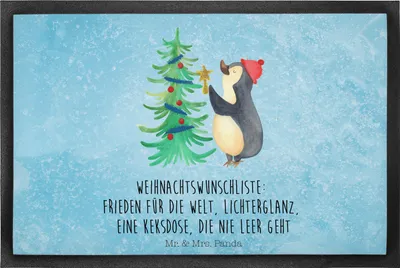 Produktbild von Mr. & Mrs. Panda Fußmatte Pinguin Weihnachtsbaum 40 x 60 cm - Eisblau - Geschenk, Weihnachten, Schmutzmatte, Winter, Fußabtreter, Bodenvorleger, Fußabstreifer
