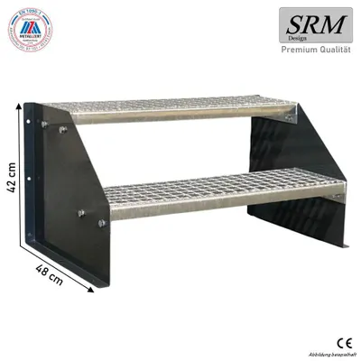 A two-step metal staircase with dimensions indicated.